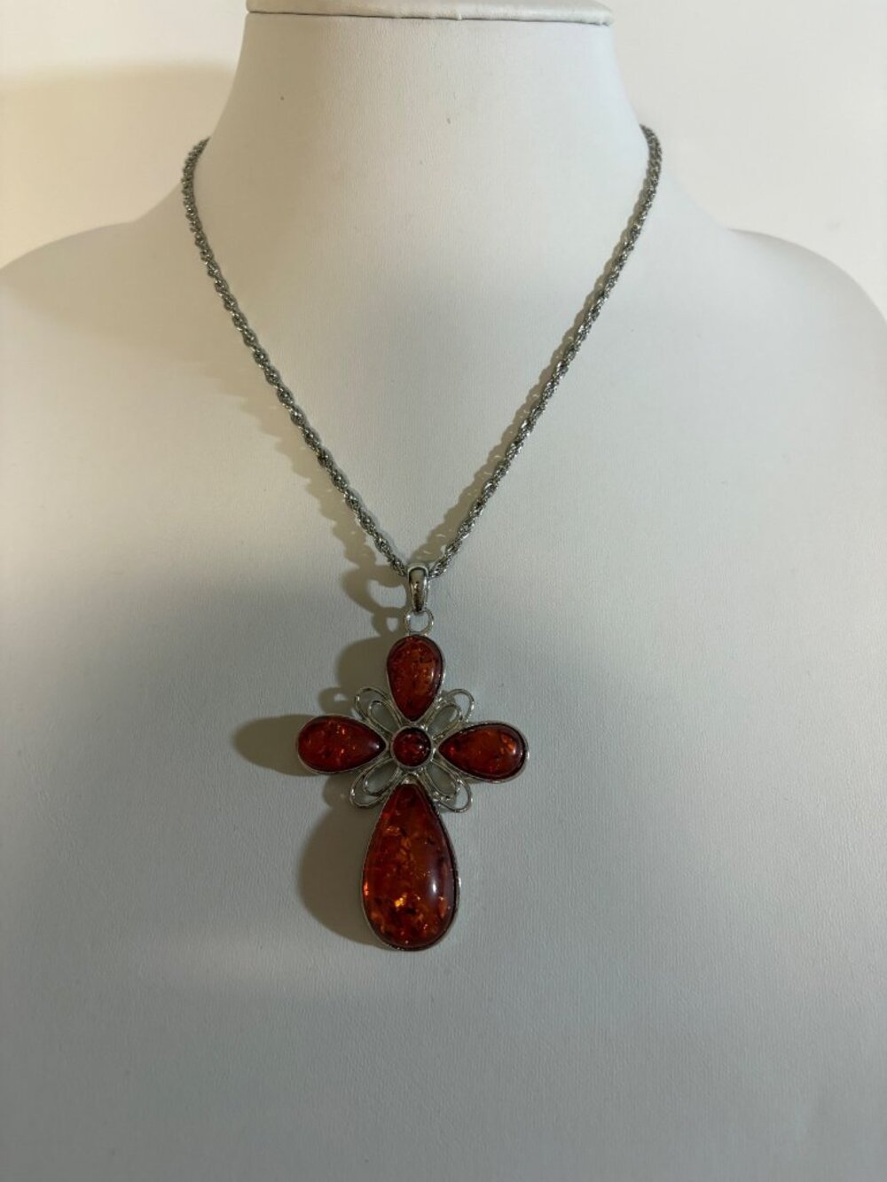 Cross Pendant Necklace Silver Tone Chain Orange Confetti Resin Religious Jewelry